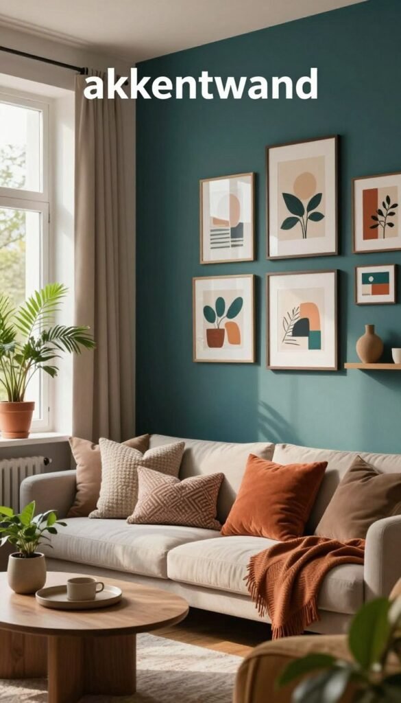 A beautifully designed interior showcasing a stylish "akzentwand" featuring a bold accent color, such as deep teal or warm terracotta, contrasting elegantly with soft neutral tones. The focal point of the image includes a cozy seating area with modern furniture, adorned with textured cushions and a small, stylish coffee table in the foreground. In the middle ground, a decorative gallery wall enhances the atmosphere, showcasing framed art that complements the color scheme. Soft, warm natural light filters through a large window, creating an inviting and harmonious ambiance. Include elements of greenery, like potted plants, to evoke a sense of freshness and life. The overall mood is modern and sophisticated, combining comfort and style in a Pinterest-inspired setting. The brand "Wohnkiste" is subtly represented through decor elements without text, enhancing the aesthetic.