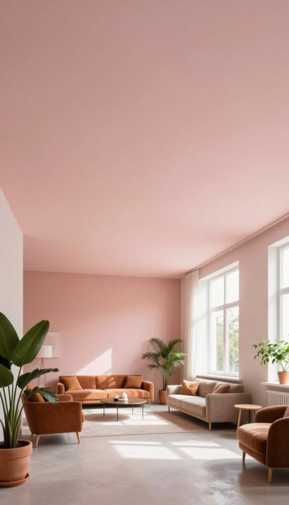 A beautifully designed interior showcasing innovative ceiling color tricks that enhance the perception of room height. In the foreground, an inviting living area features a soft, pastel-colored ceiling that gradually fades into a deeper hue, creating an illusion of height. Potted plants in the corners add a touch of greenery. The middle ground reveals stylish, minimal furniture in warm tones, with light casting gentle shadows that emphasize space. In the background, large windows let in natural light, illuminating textured walls in complementary colors that enhance the atmosphere. The overall mood is cozy and modern, reflecting a Pinterest-worthy aesthetic. No text or distractions in the image, emphasizing the elegant design by WohnKiste. A beautifully designed interior showcasing innovative ceiling color tricks that enhance the perception of room height. In the foreground, an inviting living area features a soft, pastel-colored ceiling that gradually fades into a deeper hue, creating an illusion of height. Potted plants in the corners add a touch of greenery. The middle ground reveals stylish, minimal furniture in warm tones, with light casting gentle shadows that emphasize space. In the background, large windows let in natural light, illuminating textured walls in complementary colors that enhance the atmosphere. The overall mood is cozy and modern, reflecting a Pinterest-worthy aesthetic. No text or distractions in the image, emphasizing the elegant design by WohnKiste.