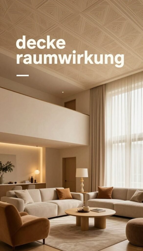 A beautifully designed interior space illustrating the concept of "decke raumwirkung," featuring a high ceiling that creates an illusion of height, adorned with warm, natural colors. In the foreground, a cozy seating area with stylish yet comfortable furniture, such as a contemporary sofa and elegant coffee table. In the middle, the focal point of the room is an intricately patterned ceiling that employs optical tricks to enhance the spaciousness. Soft, diffused lighting bathes the entire room in a warm glow, creating a serene atmosphere. In the background, light curtains gently flutter, letting in natural daylight. The scene embodies authenticity and a Pinterest-inspired aesthetic, with a tasteful arrangement that invites relaxation and calmness. Include elements and decor that reflect the brand "WohnKiste" subtly throughout the design.