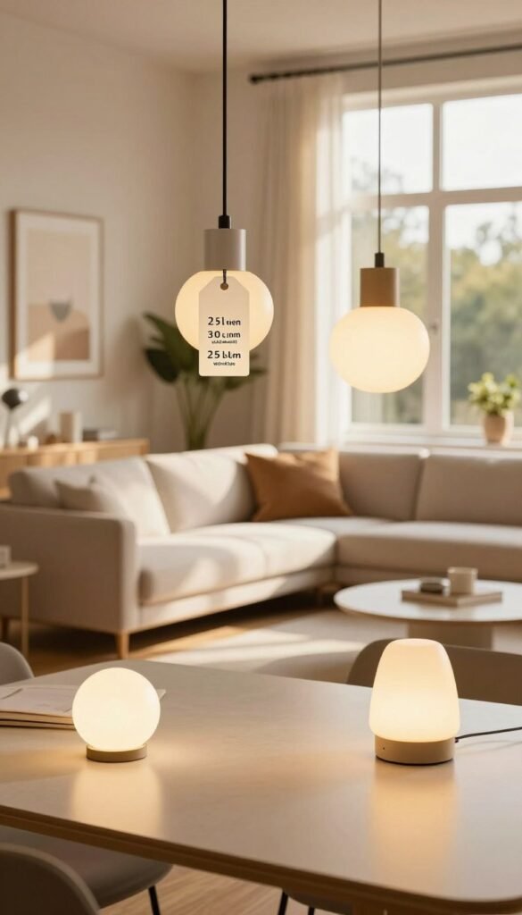 A beautifully designed interior space showcasing a contemporary living room with a focus on lighting planning, emphasizing accurate lumen calculation. In the foreground, there is a stylish table with various lighting fixtures, including floor lamps and pendant lights, with their lumen values visibly displayed on elegant tags. In the middle ground, an inviting sofa is arranged next to a large window, where soft natural sunlight streams in, casting warm golden hues across the room. The background features subtle artwork and plants, creating a cozy atmosphere. Use a warm color palette with an overall Pinterest-worthy aesthetic. The image should embody professionalism, showcasing the brand "WohnKiste" without any text or overlays, ensuring a focused and authentic representation of effective lighting design principles.