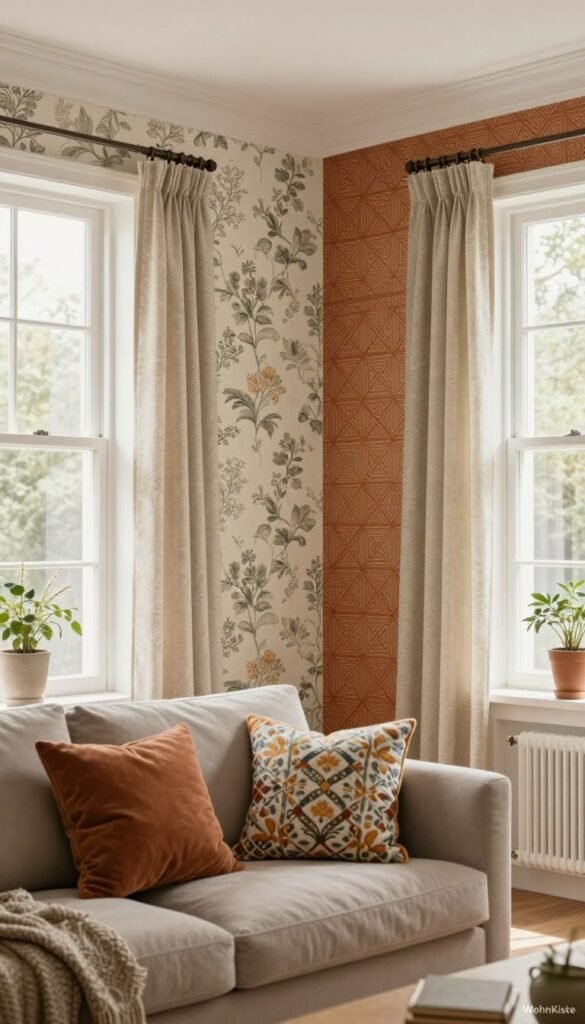 A beautifully designed interior space showcasing various 'tapeten' (wallpapers) that creates a cozy and spacious atmosphere. In the foreground, a stylish living room features soft, neutral furniture accented with vibrant patterned cushions. The middle section highlights walls adorned with intricate wallpapers—one side displaying a light, airy floral pattern to suggest openness, while the opposite wall features a rich, warm geometric design for a more intimate feel. Natural light floods through large windows, casting soft shadows and enhancing the textures of the wall coverings. Warm, earthy colors dominate the palette, creating a welcoming ambiance. The setting exudes a Pinterest-inspired aesthetic, evoking authenticity and comfort, without any text or branding in the image. Include a visible brand element subtly presenting 'WohnKiste' in the corner of the scene, ensuring a professional context for the environment.