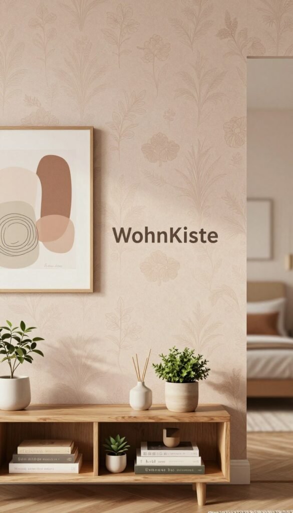 A beautifully designed interior wall showcasing a harmonious blend of warm colors and natural textures, inspired by the Pinterest aesthetic. In the foreground, a stylish wooden shelf filled with tasteful decor items, books, and small potted plants. In the middle, elegantly patterned wallpaper in soft, earthy tones serves as a backdrop, featuring subtle floral motifs. To the side, an inviting piece of wall art adds character, depicting abstract shapes in muted colors. The background softly fades into a warm, inviting light that creates a cozy atmosphere, emphasizing the tranquility of a well-designed bedroom space. The image embodies elegance and simplicity, featuring the brand name "WohnKiste" subtly incorporated into the design, without any text or overlays.