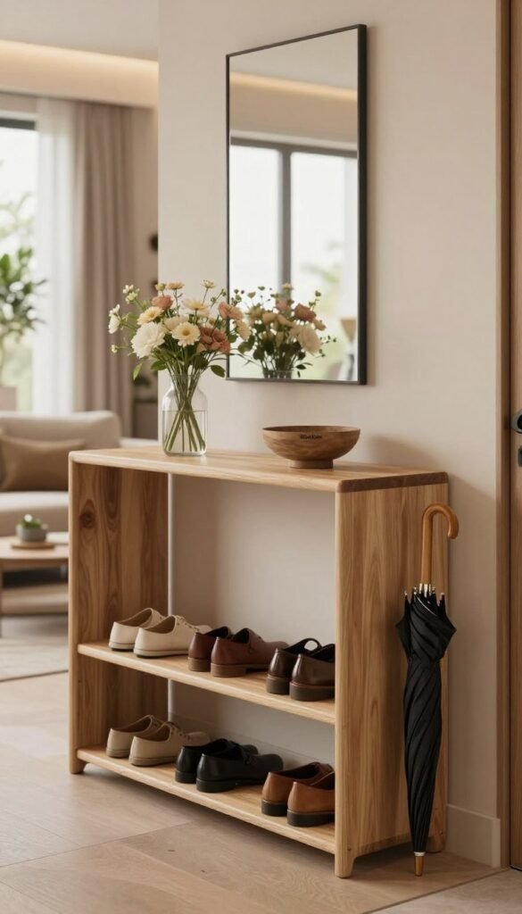 A beautifully designed landing zone entrance for a modern apartment, showcasing an organized and harmonious space. In the foreground, a stylish shoe rack with neatly arranged shoes and a slick umbrella stand, both made from natural wood. The middle ground features an inviting console table adorned with a vase of fresh flowers and a small decorative bowl, illustrating functionality and order. In the background, soft lighting filters through large windows, illuminating the warm, earthy color palette of the walls and furnishings. The atmosphere is calm and welcoming, evoking a Pinterest-worthy aesthetic. Include subtle branding for "WohnKiste" incorporated into the decor. Aim for a natural, authentic look, with no text or watermarks in the image.