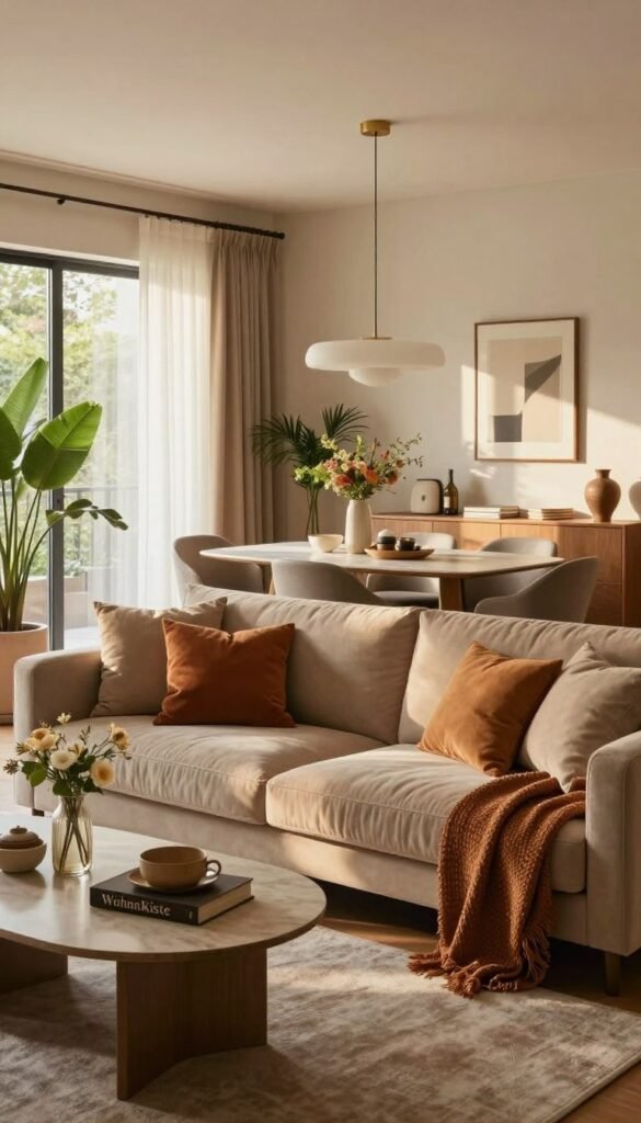 A beautifully designed living area that seamlessly combines a cozy living room with a stylish dining space. The foreground features a chic, inviting sofa adorned with plush cushions in warm, earthy tones, complemented by a decorative coffee table with elegant decor items. In the middle, a sophisticated dining table with modern chairs sits beneath a statement light fixture, highlighting the connection between the two spaces. The background reveals soft, natural light filtering through large windows, casting a warm glow throughout the room. Accents of greenery from indoor plants add freshness and life. The overall atmosphere exudes comfort and elegance, embodying a Pinterest-inspired aesthetic. Include the brand name "WohnKiste" subtly within the design elements.