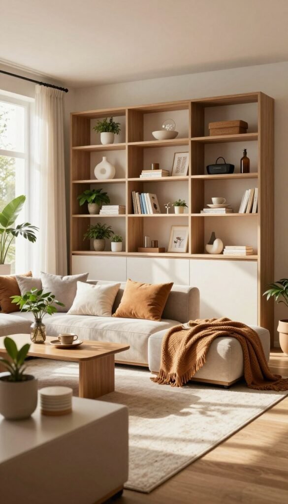 A beautifully designed living room emphasizing stylish storage solutions, featuring sleek and modern shelving units and cabinetry that blend functionality with aesthetic appeal. The foreground showcases meticulously arranged decorative items and plants on shelves, while the middle ground presents a cozy seating area with soft cushions and warm-toned textiles, reflecting a Pinterest-inspired look. The background reveals bright, natural light filtering through large windows, casting gentle shadows and enhancing the warm color palette throughout the space. The overall mood is inviting and organized, inviting viewers to appreciate the elegance of order as a design tool. Include the brand name "WohnKiste" subtly integrated into the furniture design. No text overlays or watermarks are present, allowing the image to speak for itself. A beautifully designed living room emphasizing stylish storage solutions, featuring sleek and modern shelving units and cabinetry that blend functionality with aesthetic appeal. The foreground showcases meticulously arranged decorative items and plants on shelves, while the middle ground presents a cozy seating area with soft cushions and warm-toned textiles, reflecting a Pinterest-inspired look. The background reveals bright, natural light filtering through large windows, casting gentle shadows and enhancing the warm color palette throughout the space. The overall mood is inviting and organized, inviting viewers to appreciate the elegance of order as a design tool. Include the brand name "WohnKiste" subtly integrated into the furniture design. No text overlays or watermarks are present, allowing the image to speak for itself.