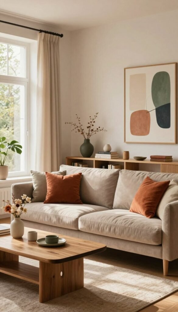 A beautifully designed living room exuding a warm and inviting atmosphere, featuring a harmonious color palette of earthy tones such as soft terracotta, warm beige, and muted greens. In the foreground, a stylish, modern sofa with plush cushions sits beside a tasteful wooden coffee table adorned with a minimalist floral arrangement. The middle section includes an elegantly arranged shelf displaying curated decor items and books, while a large window allows natural light to flood the room, casting soft shadows. In the background, a tastefully decorated wall featuring abstract art in complementary colors ties the room together. This scene captures the essence of peaceful harmony, encouraging a stylish yet comfortable living atmosphere, reminiscent of a Pinterest-worthy interior. No text or watermarks. Brand: WohnKiste.