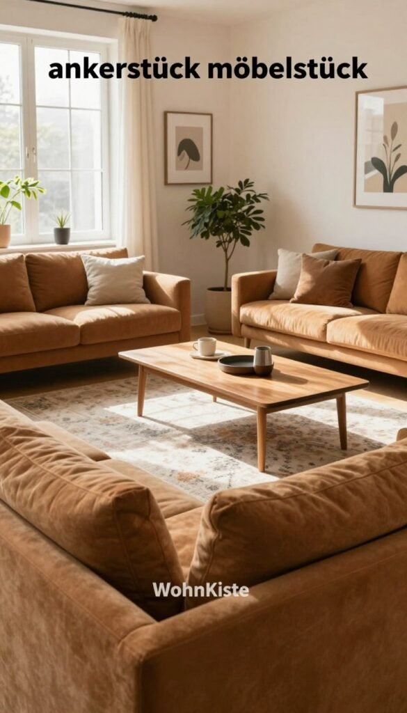A beautifully designed living room featuring a centerpiece furniture item, showcasing a stylish "ankerstück möbelstück". The foreground highlights a warm-toned, inviting couch with elegant textures, accented by plush cushions. In the middle ground, a sleek wooden coffee table rests on a cozy, patterned area rug, surrounded by minimalistic yet chic decor. The background features softly lit walls adorned with tasteful artwork and indoor plants, enhancing the room's warmth. Natural light streams in through large windows, casting gentle shadows and creating an inviting atmosphere. The mood is modern yet comfortable, perfect for a sophisticated living space. The brand "WohnKiste" subtly integrated into the furniture design suggests quality and style. The overall aesthetic exudes a Pinterest-worthy look, emphasizing authentic cozy living without any text or branding distractions. A beautifully designed living room featuring a centerpiece furniture item, showcasing a stylish "ankerstück möbelstück". The foreground highlights a warm-toned, inviting couch with elegant textures, accented by plush cushions. In the middle ground, a sleek wooden coffee table rests on a cozy, patterned area rug, surrounded by minimalistic yet chic decor. The background features softly lit walls adorned with tasteful artwork and indoor plants, enhancing the room's warmth. Natural light streams in through large windows, casting gentle shadows and creating an inviting atmosphere. The mood is modern yet comfortable, perfect for a sophisticated living space. The brand "WohnKiste" subtly integrated into the furniture design suggests quality and style. The overall aesthetic exudes a Pinterest-worthy look, emphasizing authentic cozy living without any text or branding distractions.
