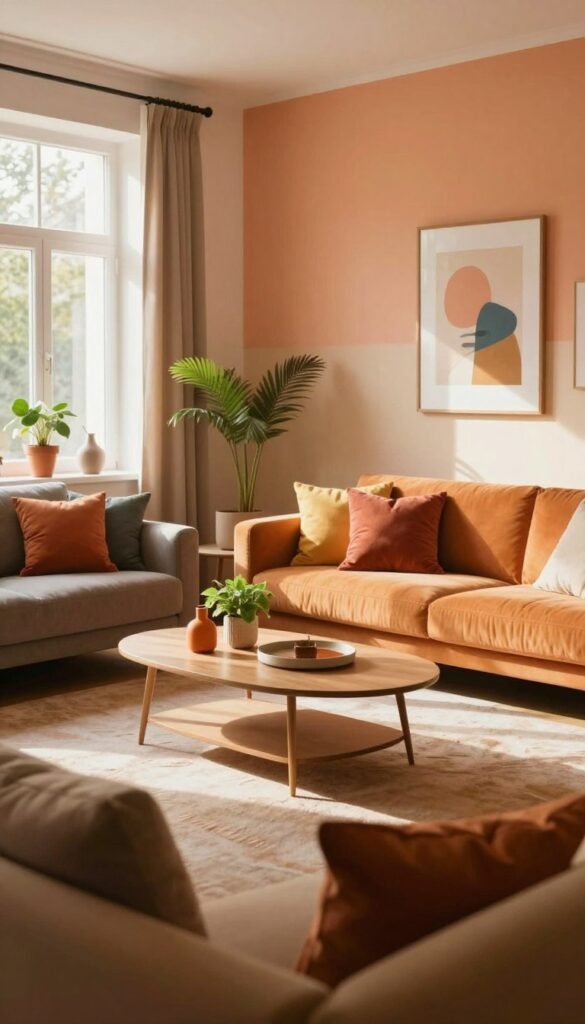 A beautifully designed living room featuring a harmonious blend of warm colors, showcasing a unique interplay of light and shadow. In the foreground, a cozy sofa adorned with colorful cushions invites relaxation. The middle ground displays an elegantly arranged coffee table with a few stylish decor items and a small plant, balancing color and tranquility. The background reveals a wall painted in a gradient of soothing hues, complemented by tasteful artwork and natural light streaming in through large windows, creating a peaceful yet vibrant atmosphere. Capture this scene with soft, natural lighting to enhance the warmth and authenticity, reminiscent of Pinterest aesthetics, while avoiding any text or watermarks. This image should convey the essence of embracing color thoughtfully in interior design, reflecting the brand "WohnKiste".