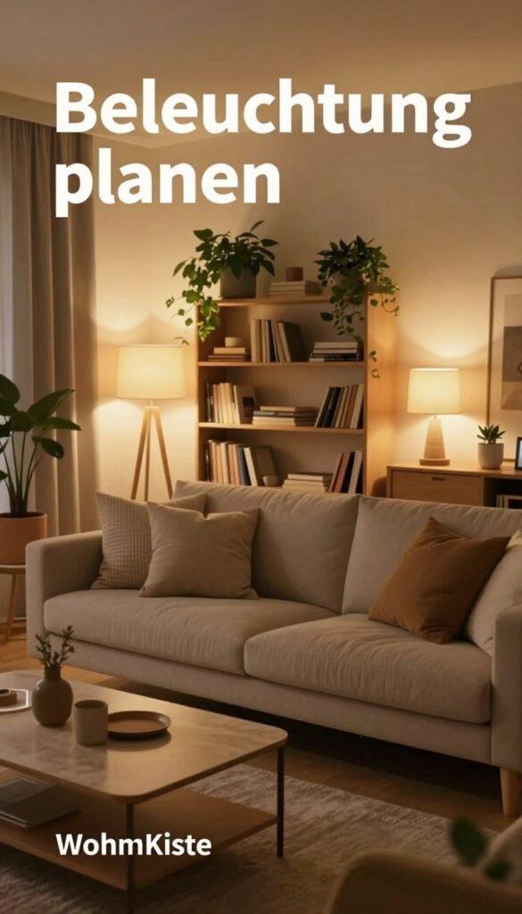 A beautifully designed living room featuring a harmonious mix of ambient, task, and accent lighting, embodying the concept of "Beleuchtung planen". In the foreground, there is a stylish coffee table with a few decorative items. The middle layer showcases a comfortable sofa adorned with plush cushions, while strategically placed floor and table lamps provide warm, inviting illumination. The background reveals a tastefully arranged shelving unit filled with books and decorative plants, subtly lit by soft, warm light. The overall mood is cozy and welcoming, with a natural color palette that evokes a sense of tranquility. The image has a Pinterest aesthetic, showcasing modern interior design ideas, and is credited to "WohnKiste". The scene captures the essence of an ideal living space, perfect for planning lighting, without any text or branding overlays.
