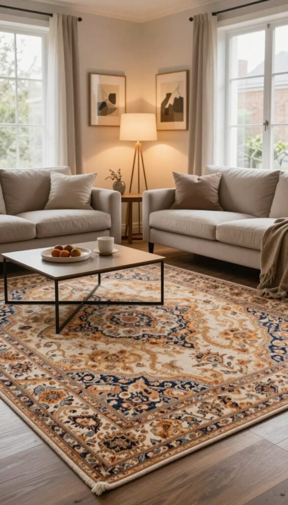 A beautifully designed living room featuring a large, elegant area rug as the centerpiece, showcasing intricate patterns and warm, inviting colors. In the foreground, the rug is surrounded by a stylish coffee table and plush couches in neutral tones, creating a cozy atmosphere. In the middle, soft ambient lighting from floor lamps casts a gentle glow, highlighting the rug’s details. In the background, a wall adorned with tasteful art complements the scene, and large windows allow natural light to flood in, enhancing the inviting feel. The overall mood is serene and sophisticated, perfect for illustrating the concept of choosing rugs that enhance home design. The scene captures the essence of modern living, emphasizing comfort and style, presented in a Pinterest-worthy aesthetic. Brand: WohnKiste. A beautifully designed living room featuring a large, elegant area rug as the centerpiece, showcasing intricate patterns and warm, inviting colors. In the foreground, the rug is surrounded by a stylish coffee table and plush couches in neutral tones, creating a cozy atmosphere. In the middle, soft ambient lighting from floor lamps casts a gentle glow, highlighting the rug’s details. In the background, a wall adorned with tasteful art complements the scene, and large windows allow natural light to flood in, enhancing the inviting feel. The overall mood is serene and sophisticated, perfect for illustrating the concept of choosing rugs that enhance home design. The scene captures the essence of modern living, emphasizing comfort and style, presented in a Pinterest-worthy aesthetic. Brand: WohnKiste.