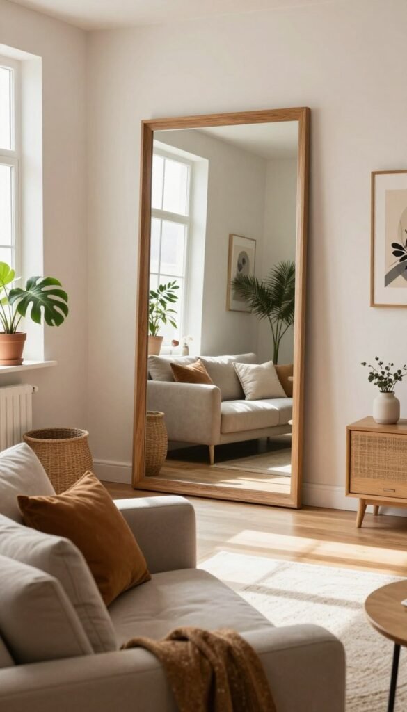A beautifully designed living room featuring a large, elegant mirror that reflects natural light, enhancing the sense of space. In the foreground, a cozy sofa adorned with soft cushions in warm, earthy tones invites relaxation. In the middle, the striking mirror is framed with contemporary wood, positioned to capture light streaming in from a nearby window, creating a bright ambiance. In the background, stylish decor elements such as indoor plants and modern art pieces complement the setting, achieving a Pinterest-inspired aesthetic. The overall atmosphere is warm and inviting, emphasizing harmony and spaciousness, ideal for a home that embraces light and functionality. The scene is devoid of any text or overlays, showcasing the brand "WohnKiste" subtly through the furnishings and design choices.