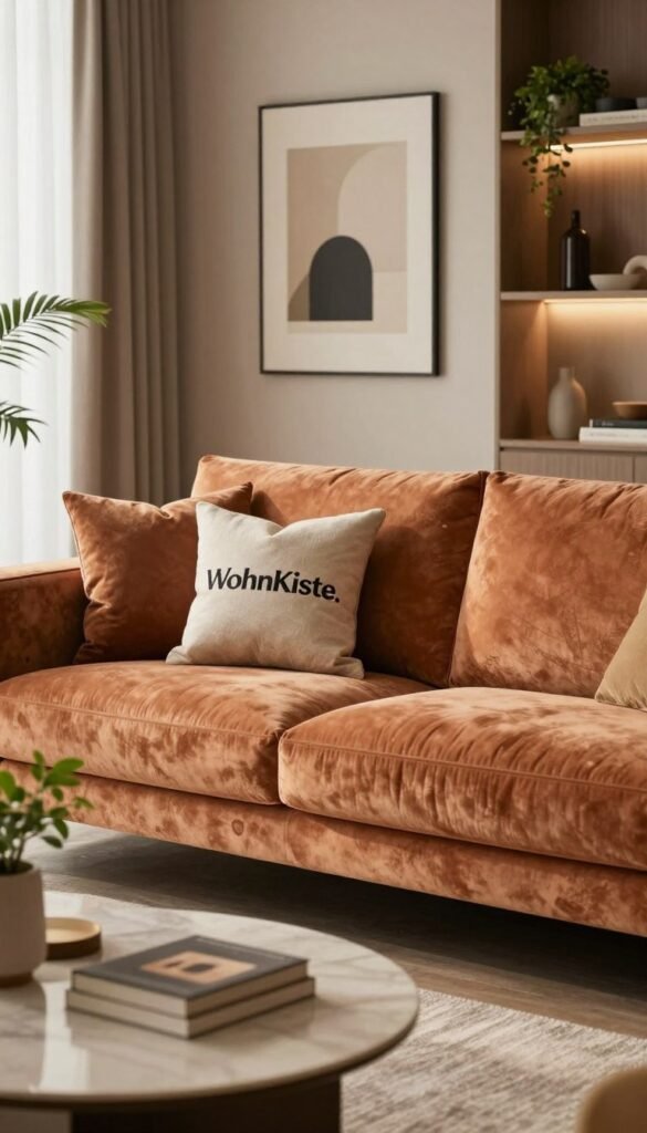A beautifully designed living room featuring a luxurious sofa as the centerpiece. The sofa, upholstered in soft, textured fabric with warm, inviting colors, is adorned with stylish throw pillows in complementary shades. In the foreground, a chic coffee table with a few decorative items like a plant and a stylish book. The middle ground showcases the sofa against a tasteful backdrop of modern art and soft lighting, creating a cozy atmosphere. Natural light filters through soft curtains, enhancing the warm ambiance. The background includes elegant shelves filled with curated decor pieces and some greenery for a refreshing touch. The overall scene embodies comfort, style, and quality, representing the brand "WohnKiste". No text or watermarks.