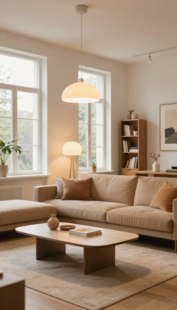 A beautifully designed living room featuring a minimalist lighting concept that creates a clear and organized atmosphere. In the foreground, a sleek coffee table with a modern aesthetic is adorned with a few decorative items. The middle ground shows a cozy sofa in warm tones, highlighted by soft ambient lighting from stylish pendant lights above. Large windows allow natural light to flood in, enhancing the inviting feel. In the background, a tastefully arranged bookshelf and wall art complete the scene without clutter. The overall ambiance is warm and serene, evoking a sense of tranquility and clarity. The image embodies a Pinterest-inspired look, showcasing a harmonious balance of form and function. Brand name "WohnKiste" is subtly integrated into the setting, enhancing the aesthetic without any text overlays or signatures.