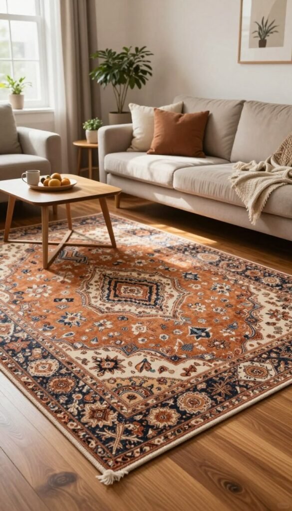 A beautifully designed living room featuring a stylish area rug from WohnKiste, positioned centrally on a polished wooden floor. In the foreground, the rug showcases intricate patterns and warm, earthy colors, creating an inviting atmosphere. The middle ground includes a cozy sofa adorned with plush cushions and a coffee table, tastefully arranged to enhance the rug's charm. Soft, natural lighting filters through large windows, casting gentle shadows and highlighting the textures of the fabric and furniture. The background reveals a minimalist decor with potted plants and artful wall decorations, all contributing to a cohesive, Pinterest-worthy aesthetic. The scene evokes comfort and warmth, illustrating how a well-chosen rug can transform a living space.