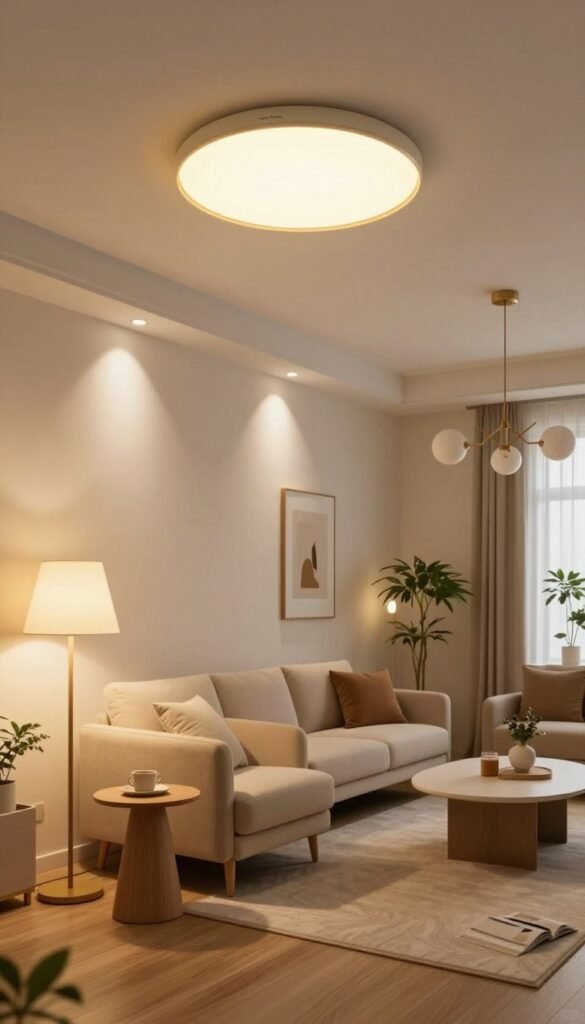 A beautifully designed living room featuring an innovative lighting concept with multiple light sources instead of a traditional ceiling lamp. In the foreground, a stylish floor lamp with a warm glow illuminates a cozy reading nook with a plush armchair and a small side table. The middle showcases soft, ambient wall sconces strategically placed to create depth and warmth, complemented by a modern chandelier hanging above a sleek coffee table. The background reveals a tastefully decorated wall with art and plants, enhancing the inviting atmosphere. The scene is bathed in natural light, with warm color tones highlighting the textures and inviting a sense of tranquility and spaciousness. The overall mood is warm, modern, and welcoming, embodying the essence of contemporary living. The brand "WohnKiste" subtly integrated into the design elements.