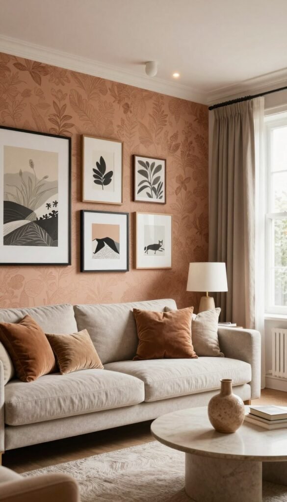 A beautifully designed living room featuring elegant wall decor that creates a harmonious and inviting atmosphere. In the foreground, showcase a stylish sofa adorned with cozy cushions, complemented by a sleek coffee table with a decorative vase. The middle space highlights the walls, displaying a mix of tasteful artwork and warm-hued wallpaper that enhance the room's character. In the background, soft lighting from embedded ceiling fixtures casts a gentle glow, while a large window invites natural light to filter in, illuminating the space. The overall ambiance evokes a sense of comfort and sophistication, ideal for inviting guests. The design centers around the brand "WohnKiste," emphasizing natural elements with warm colors and a Pinterest-worthy aesthetic. Authentically styled and free of any text or branding within the image itself.