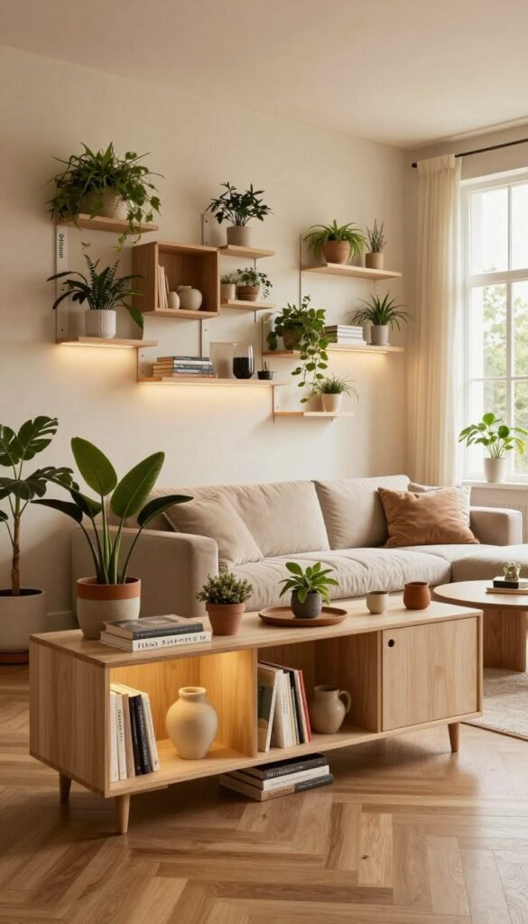 A beautifully designed living room featuring innovative wall solutions that maximize space without the need for construction. In the foreground, a stylish, modular wall unit from "WohnKiste" showcases a variety of plants, books, and decorative objects, creating a warm and inviting atmosphere. The middle layer includes a comfortable sofa with soft cushions, accentuated by ambient lighting that highlights the natural textures of the walls. The background features large windows allowing natural light to flood the room, enhancing the cozy feel. The overall mood is serene and welcoming, with warm colors and a Pinterest-inspired aesthetic, emphasizing functional yet elegant design elements. A beautifully designed living room featuring innovative wall solutions that maximize space without the need for construction. In the foreground, a stylish, modular wall unit from "WohnKiste" showcases a variety of plants, books, and decorative objects, creating a warm and inviting atmosphere. The middle layer includes a comfortable sofa with soft cushions, accentuated by ambient lighting that highlights the natural textures of the walls. The background features large windows allowing natural light to flood the room, enhancing the cozy feel. The overall mood is serene and welcoming, with warm colors and a Pinterest-inspired aesthetic, emphasizing functional yet elegant design elements.