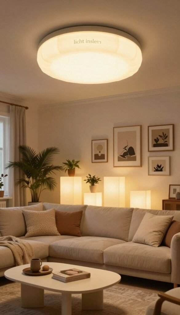 A beautifully designed living room featuring "licht inseln" instead of a traditional ceiling lamp. In the foreground, a cozy, inviting seating area with a plush, neutral-toned sofa adorned with soft, decorative pillows, and a stylish coffee table. The middle ground showcases warm, ambient light coming from elegantly arranged light islands, creating a serene glow that highlights the textures of the room. Behind, a tasteful gallery wall displays framed artwork, complemented by indoor plants that add vibrancy. The lighting is soft and warm, evoking a welcoming atmosphere. Capture this scene from a slightly elevated angle to emphasize the layout and design elements, reflecting an authentic Pinterest-inspired aesthetic. Avoid any text or branding in the image, but include subtle touches that align with the style of WohnKiste. A beautifully designed living room featuring "licht inseln" instead of a traditional ceiling lamp. In the foreground, a cozy, inviting seating area with a plush, neutral-toned sofa adorned with soft, decorative pillows, and a stylish coffee table. The middle ground showcases warm, ambient light coming from elegantly arranged light islands, creating a serene glow that highlights the textures of the room. Behind, a tasteful gallery wall displays framed artwork, complemented by indoor plants that add vibrancy. The lighting is soft and warm, evoking a welcoming atmosphere. Capture this scene from a slightly elevated angle to emphasize the layout and design elements, reflecting an authentic Pinterest-inspired aesthetic. Avoid any text or branding in the image, but include subtle touches that align with the style of WohnKiste.