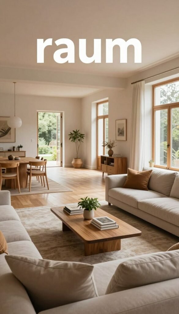 A beautifully designed living room layout featuring a spacious, open area with warm, inviting colors. In the foreground, a modern sectional sofa with soft cushions faces a stylish coffee table adorned with decorative books and a small plant. The middle ground showcases an elegant rug that defines the seating area, creating a sense of coziness. There are strategically placed pathways leading to wide, airy doorways and large windows that frame the outside view, enhancing the sense of space. In the background, soft, natural light floods the room, accentuating the textures of wooden furniture and soft textiles. The overall mood is serene and inviting, perfect for relaxation. This image reflects the essence of "raum" while embodying the layout planning principles with a Pinterest aesthetic, capturing the brand essence of WohnKiste. A beautifully designed living room layout featuring a spacious, open area with warm, inviting colors. In the foreground, a modern sectional sofa with soft cushions faces a stylish coffee table adorned with decorative books and a small plant. The middle ground showcases an elegant rug that defines the seating area, creating a sense of coziness. There are strategically placed pathways leading to wide, airy doorways and large windows that frame the outside view, enhancing the sense of space. In the background, soft, natural light floods the room, accentuating the textures of wooden furniture and soft textiles. The overall mood is serene and inviting, perfect for relaxation. This image reflects the essence of "raum" while embodying the layout planning principles with a Pinterest aesthetic, capturing the brand essence of WohnKiste.
