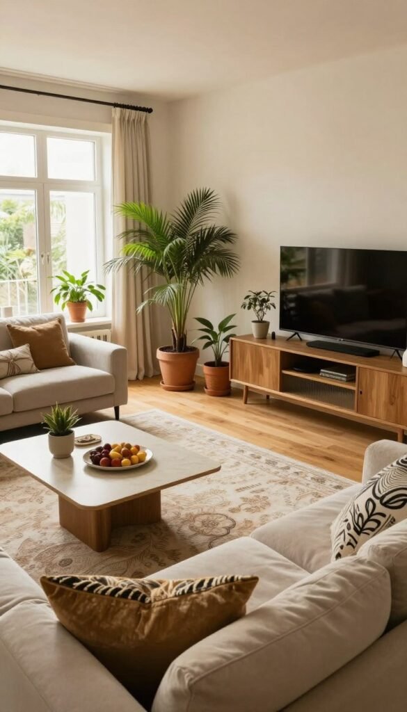 A beautifully designed living room layout featuring distinct functional zones, showcasing a cozy seating area with stylish furniture arranged for optimal flow. The foreground includes a plush sofa and decorative cushions, complemented by an elegant coffee table. In the middle, a chic area rug defines the space, surrounded by potted plants and a sleek media cabinet. The background reveals large windows allowing warm, natural light to fill the room, enhancing the inviting atmosphere. Use a wide-angle lens to capture the harmonious organization of the space, with soft lighting that accentuates the warm color palette and Pinterest-inspired aesthetics. The overall mood is relaxed and sophisticated, embodying a modern, authentic home environment. Ensure the brand "WohnKiste" is subtly represented in the decor.