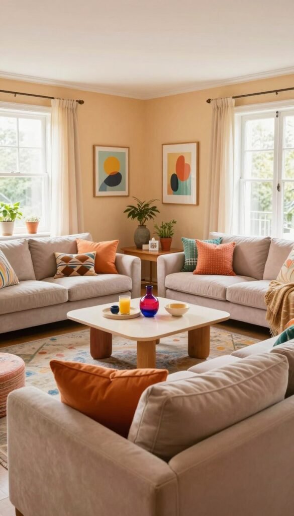 A beautifully designed living room layout showcasing a harmonious blend of colors and walls that visually enlarge the space. In the foreground, there are plush sofas in soft pastel tones, adorned with colorful cushions that add a playful touch. The middle ground features a stylish coffee table with a vibrant centerpiece, surrounded by tasteful decor that complements the color scheme. The background reveals light, airy walls painted in warm, inviting shades, adorned with artistic wall hangings that enhance the sense of openness. Natural light floods the room through large windows, creating a warm and inviting atmosphere. The scene captures a Pinterest-inspired aesthetic that feels both authentic and contemporary, perfect for "WohnKiste" branding. No text or watermarks are present in the image. A beautifully designed living room layout showcasing a harmonious blend of colors and walls that visually enlarge the space. In the foreground, there are plush sofas in soft pastel tones, adorned with colorful cushions that add a playful touch. The middle ground features a stylish coffee table with a vibrant centerpiece, surrounded by tasteful decor that complements the color scheme. The background reveals light, airy walls painted in warm, inviting shades, adorned with artistic wall hangings that enhance the sense of openness. Natural light floods the room through large windows, creating a warm and inviting atmosphere. The scene captures a Pinterest-inspired aesthetic that feels both authentic and contemporary, perfect for "WohnKiste" branding. No text or watermarks are present in the image.