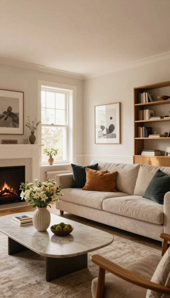 A beautifully designed living room showcasing a modern, cozy atmosphere. In the foreground, a stylish coffee table with a chic vase and fresh flowers. In the middle, a plush sofa adorned with colorful cushions, arranged facing an elegant fireplace. The walls are painted in soft, neutral tones and decorated with tasteful artwork and framed photographs. In the background, large windows let in warm, natural light, illuminating the space. Incorporate wooden elements such as a sleek bookshelf and a wooden accent chair for contrast. The overall mood is inviting and sophisticated, reflecting a Pinterest-inspired aesthetic. Include a subtle sign displaying "WohnKiste" on a decorative shelf. The scene should evoke a sense of comfort and stylish living, captured with a warm lighting effect, wide-angle lens, and soft focus.