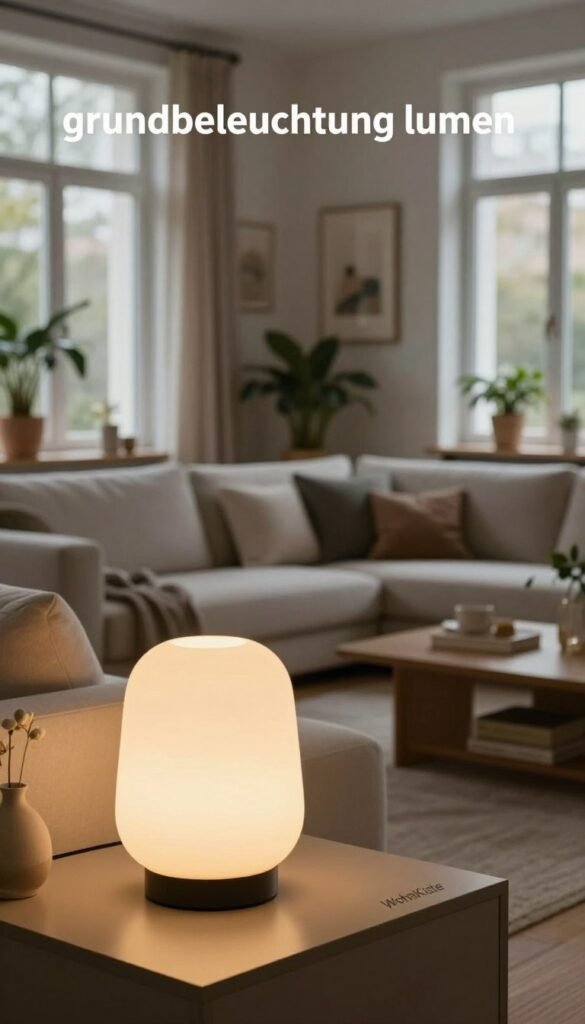 A beautifully designed living room showcasing effective general lighting, illustrating the concept of "grundbeleuchtung lumen." In the foreground, a stylish, modern lamp emits warm, soft light, casting a gentle glow on elegantly arranged furniture. In the middle ground, cozy seating areas with neutral-colored cushions invite relaxation, surrounded by decorative elements like potted plants and art pieces that enhance the atmosphere. The background features large windows allowing natural light to filter in, complementing the artificial lighting. The scene emphasizes the balance between artificial and natural light, creating a harmonious ambiance. The mood is inviting and tranquil, evoking a Pinterest-inspired aesthetic. Capture this essence authentically without any text or logos, except for a subtle brand presence of "WohnKiste" integrated into the decor.