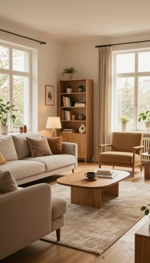 A beautifully designed living room showcasing efficient space planning, featuring a cozy seating area with modern, stylish furniture in warm, natural colors. In the foreground, a comfortable couch adorned with plush cushions, a sleek coffee table, and an elegant rug. The middle ground includes a well-organized bookshelf, small decorative plants, and an inviting armchair. In the background, large windows allow soft, warm light to illuminate the room, creating a serene atmosphere. The layout emphasizes defined zones for relaxation and activity, avoiding clutter and creating smooth pathways. The scene should have a Pinterest-worthy aesthetic, capturing an authentic, harmonious living space. Include subtle branding elements of "WohnKiste" in the furnishings without overt recognition. A beautifully designed living room showcasing efficient space planning, featuring a cozy seating area with modern, stylish furniture in warm, natural colors. In the foreground, a comfortable couch adorned with plush cushions, a sleek coffee table, and an elegant rug. The middle ground includes a well-organized bookshelf, small decorative plants, and an inviting armchair. In the background, large windows allow soft, warm light to illuminate the room, creating a serene atmosphere. The layout emphasizes defined zones for relaxation and activity, avoiding clutter and creating smooth pathways. The scene should have a Pinterest-worthy aesthetic, capturing an authentic, harmonious living space. Include subtle branding elements of "WohnKiste" in the furnishings without overt recognition.