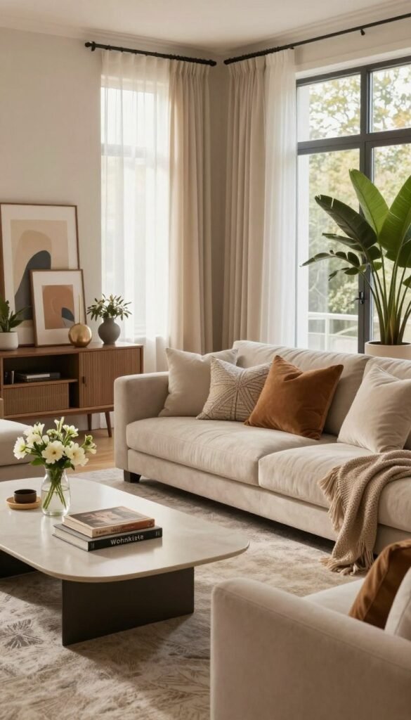 A beautifully designed living room showcasing elegant and modern decor, focusing on a cozy seating area featuring a plush, neutral-toned sofa adorned with decorative pillows. The foreground includes a sleek, minimalist coffee table with a few carefully selected books and a small vase of fresh flowers. In the middle, a stylish area rug anchors the space, while a tastefully arranged entertainment unit displays decorative art pieces and plants. The background features large windows draped with sheer curtains, allowing warm, natural light to fill the room, creating an inviting atmosphere. The color palette includes soft earth tones and subtle pops of color inspired by Pinterest aesthetics. The image embodies a luxurious yet comfortable living space, perfect for elegant gatherings. Include the brand name "Wohnkiste" subtly in the decor elements, ensuring the overall composition remains free of text overlays, captions, or watermarks. A beautifully designed living room showcasing elegant and modern decor, focusing on a cozy seating area featuring a plush, neutral-toned sofa adorned with decorative pillows. The foreground includes a sleek, minimalist coffee table with a few carefully selected books and a small vase of fresh flowers. In the middle, a stylish area rug anchors the space, while a tastefully arranged entertainment unit displays decorative art pieces and plants. The background features large windows draped with sheer curtains, allowing warm, natural light to fill the room, creating an inviting atmosphere. The color palette includes soft earth tones and subtle pops of color inspired by Pinterest aesthetics. The image embodies a luxurious yet comfortable living space, perfect for elegant gatherings. Include the brand name "Wohnkiste" subtly in the decor elements, ensuring the overall composition remains free of text overlays, captions, or watermarks.