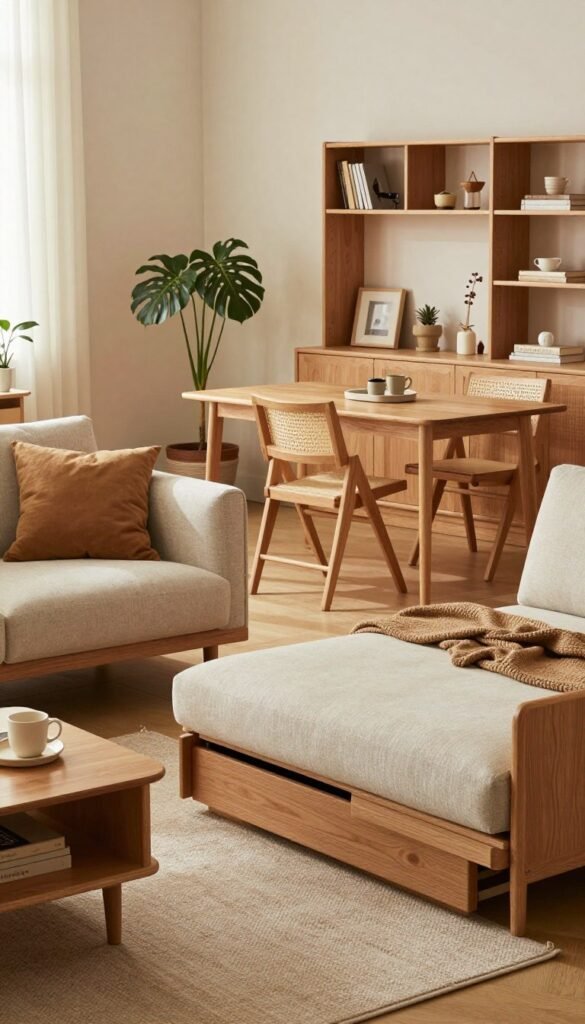 A beautifully designed living room showcasing multifunctional furniture that optimizes space. In the foreground, elegant, stylish furniture pieces such as a sofa bed, a coffee table with hidden storage, and a compact dining table with foldable chairs. The middle ground features a cozy area with warm, natural colors, soft textures, and a touch of greenery from potted plants, creating a welcoming atmosphere. The background displays contemporary shelving units that serve multiple purposes, blending seamlessly into the decor. Soft, diffused lighting bathes the scene, enhancing the inviting mood. The overall aesthetic should have a Pinterest-inspired look, emphasizing authenticity and comfort. Incorporate the brand name "WohnKiste" subtly through the furniture design without text overlays or signatures.