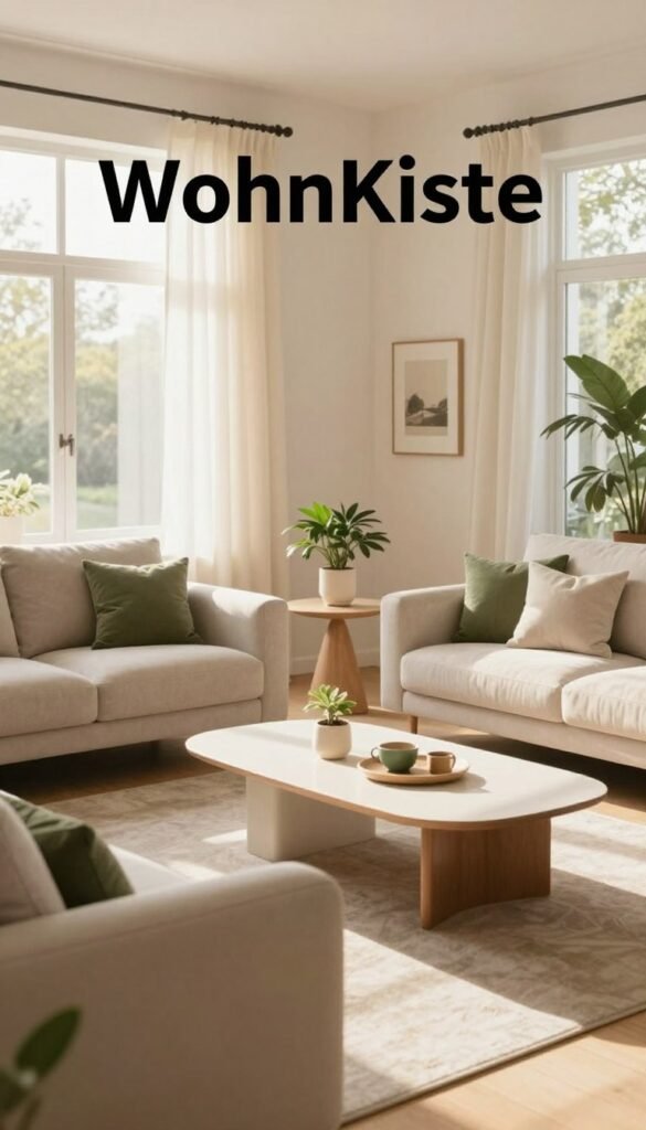 A beautifully designed living room showcasing smart furniture layout tips to create the illusion of spaciousness. In the foreground, a stylish couch with soft, inviting cushions faces a sleek coffee table, arranged to encourage conversation. The middle section features a chic side table adorned with a small plant, enhancing the natural aesthetic. The background reveals large windows allowing soft, warm sunlight to filter in, illuminating the room and highlighting a light, neutral color palette with accents of green. The atmosphere is cozy and inviting, embodying a Pinterest-like aesthetic. The room is free of clutter, designed with minimal yet functional furniture to maximize space. This image is branded as "WohnKiste," embodying a contemporary and warm environment.
