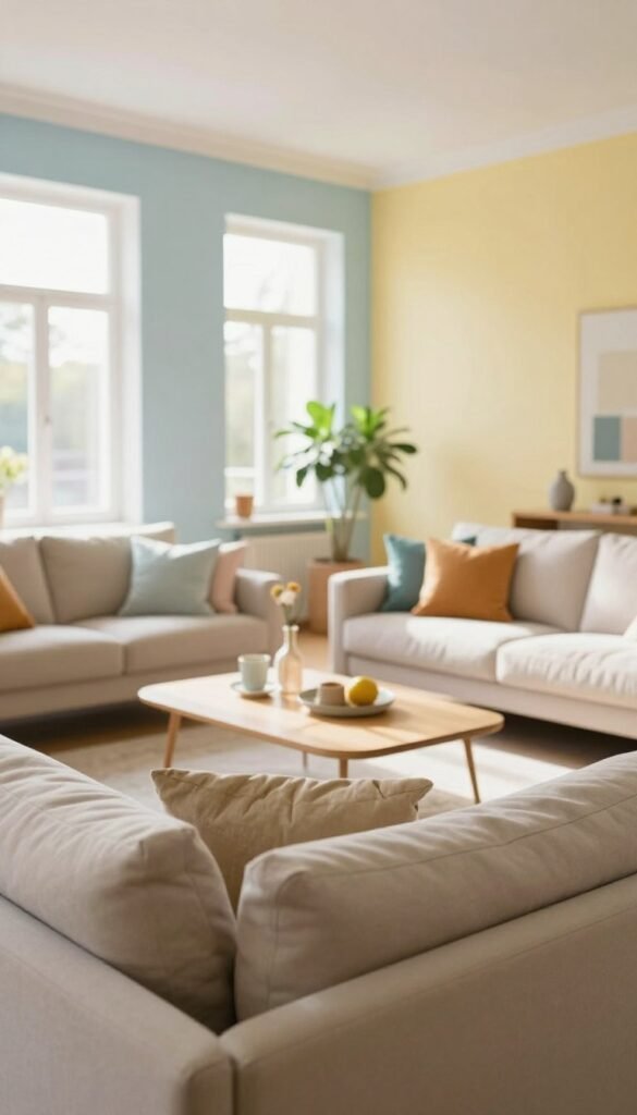 A beautifully designed living room showcasing the impact of color on space perception, emphasizing spaciousness and warmth. In the foreground, a cozy seating area with a comfortable sofa in soft beige, accented by colorful cushions in muted pastels. The middle ground features a tasteful coffee table with a few decorative items. Walls painted in light, airy tones like pale blue and soft yellow enhance the feeling of openness. Natural light floods the room through large windows, casting gentle shadows and highlighting the textures. In the background, a hint of indoor plants adds a vibrant touch of greenery, creating a harmonious atmosphere. The overall mood is inviting and serene, captured with a soft focus lens to emphasize warmth and authenticity, inspired by the aesthetic of Wohnkiste. A beautifully designed living room showcasing the impact of color on space perception, emphasizing spaciousness and warmth. In the foreground, a cozy seating area with a comfortable sofa in soft beige, accented by colorful cushions in muted pastels. The middle ground features a tasteful coffee table with a few decorative items. Walls painted in light, airy tones like pale blue and soft yellow enhance the feeling of openness. Natural light floods the room through large windows, casting gentle shadows and highlighting the textures. In the background, a hint of indoor plants adds a vibrant touch of greenery, creating a harmonious atmosphere. The overall mood is inviting and serene, captured with a soft focus lens to emphasize warmth and authenticity, inspired by the aesthetic of Wohnkiste.