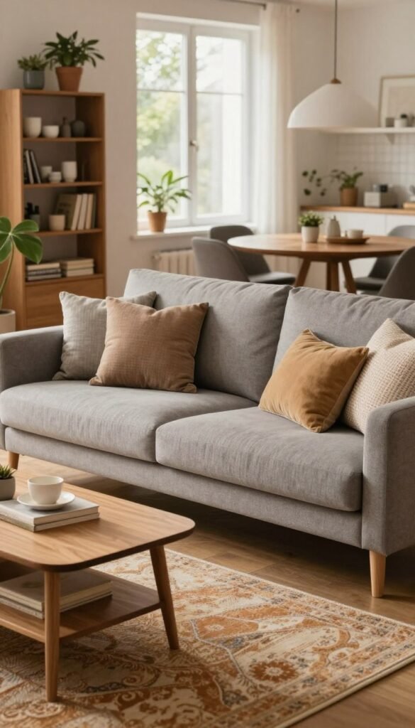 A beautifully designed living room showcasing the latest in furniture and materials, featuring a stylish sofa in soft gray fabric with cozy throw pillows, a sleek wooden coffee table, and an elegant area rug with warm earth tones. In the foreground, a minimalistic bookshelf filled with curated decor items and plants. The middle ground reveals a charming dining area with a round wooden table surrounded by modern chairs, bathed in natural light from a large window. The background is softly blurred, showcasing a hint of greenery outside, enhancing the cozy atmosphere. The lighting is warm and inviting, creating a Pinterest-worthy aesthetic. Include branding elements subtly integrated into the decor to incorporate "WohnKiste". The scene conveys a sense of comfort and style, ideal for practical everyday living. A beautifully designed living room showcasing the latest in furniture and materials, featuring a stylish sofa in soft gray fabric with cozy throw pillows, a sleek wooden coffee table, and an elegant area rug with warm earth tones. In the foreground, a minimalistic bookshelf filled with curated decor items and plants. The middle ground reveals a charming dining area with a round wooden table surrounded by modern chairs, bathed in natural light from a large window. The background is softly blurred, showcasing a hint of greenery outside, enhancing the cozy atmosphere. The lighting is warm and inviting, creating a Pinterest-worthy aesthetic. Include branding elements subtly integrated into the decor to incorporate "WohnKiste". The scene conveys a sense of comfort and style, ideal for practical everyday living.