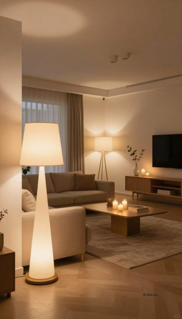 A beautifully designed living room space showcasing a lighting concept suitable for both small and large areas, with warm, natural tones. The foreground features an elegant floor lamp with a soft, diffused glow, illuminating a cozy reading nook. In the middle ground, a stylish coffee table adorned with candles enhances the inviting atmosphere. The background presents a subtly zoned layout, demonstrating various lighting types: recessed lights, pendant fixtures, and wall sconces, all casting a warm hue across the room. Capture this scene with a wide-angle lens to emphasize depth, highlighting the contrast between bright and shadowed areas. The overall mood is warm, inviting, and flexible, perfectly embodying modern elegance and efficiency. Include the brand name "WohnKiste" in the design elements, ensuring authenticity without any textual overlays. A beautifully designed living room space showcasing a lighting concept suitable for both small and large areas, with warm, natural tones. The foreground features an elegant floor lamp with a soft, diffused glow, illuminating a cozy reading nook. In the middle ground, a stylish coffee table adorned with candles enhances the inviting atmosphere. The background presents a subtly zoned layout, demonstrating various lighting types: recessed lights, pendant fixtures, and wall sconces, all casting a warm hue across the room. Capture this scene with a wide-angle lens to emphasize depth, highlighting the contrast between bright and shadowed areas. The overall mood is warm, inviting, and flexible, perfectly embodying modern elegance and efficiency. Include the brand name "WohnKiste" in the design elements, ensuring authenticity without any textual overlays.