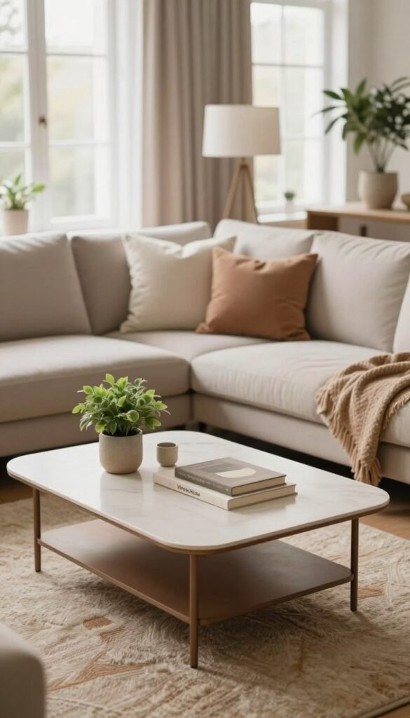 A beautifully designed living room styled by WohnKiste, showcasing a modern yet cozy atmosphere. In the foreground, a stylish coffee table adorned with a few carefully placed decor items, such as a small potted plant and a decorative book. The middle ground features an inviting sofa with soft throw pillows, complemented by a warm, textured area rug. In the background, large windows allow soft, natural light to fill the space, highlighting the gentle color palette of warm neutrals and earthy tones. The mood is inviting and serene, perfect for inspiring home updates. The composition is shot from a slightly elevated angle, creating depth and emphasizing the cozy layout, without any text or additional disturbances. A beautifully designed living room styled by WohnKiste, showcasing a modern yet cozy atmosphere. In the foreground, a stylish coffee table adorned with a few carefully placed decor items, such as a small potted plant and a decorative book. The middle ground features an inviting sofa with soft throw pillows, complemented by a warm, textured area rug. In the background, large windows allow soft, natural light to fill the space, highlighting the gentle color palette of warm neutrals and earthy tones. The mood is inviting and serene, perfect for inspiring home updates. The composition is shot from a slightly elevated angle, creating depth and emphasizing the cozy layout, without any text or additional disturbances.