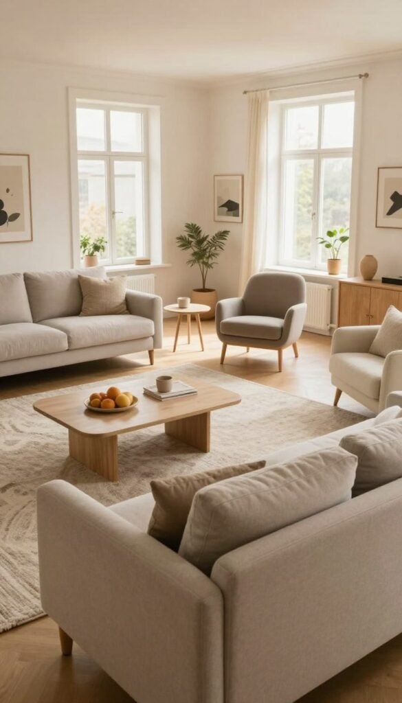 A beautifully designed living room that showcases effective furniture placement for a spacious appearance. In the foreground, a stylish sofa with neutral tones is positioned to create an inviting focal point, accompanied by a cozy coffee table. The middle ground features a carefully arranged rug, enhancing the room's proportions, while strategically placed accent chairs add balance without overcrowding the space. In the background, large windows let in soft, warm natural light, creating a bright and airy atmosphere. The walls are adorned with subtle decor that complements the furniture, reflecting a Pinterest-inspired aesthetic. The overall mood is modern and welcoming, highlighting the brand "WohnKiste" through the thoughtful use of proportions and furniture to create a comforting yet spacious environment.
