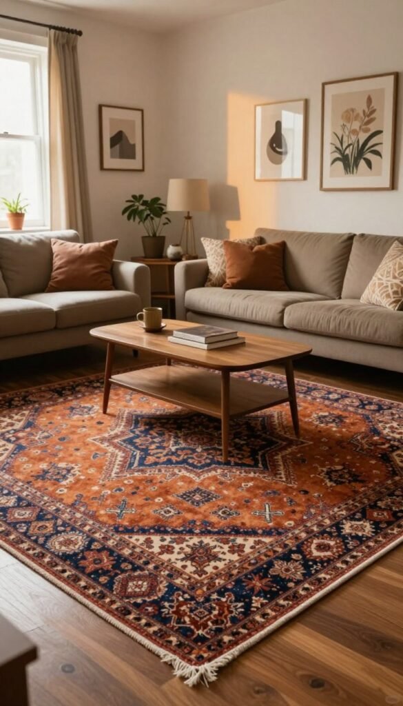 A beautifully designed living space featuring a too-small rug that visually distorts the room's proportions, creating a feeling of confinement. In the foreground, the rug is intricately patterned with warm colors, contrasting with the surrounding furniture. The middle ground showcases a cozy sofa and a stylish coffee table, arranged awkwardly on the edge of the rug. In the background, soft lighting filters in through a window, casting warm hues across the walls adorned with tasteful artwork. The atmosphere is inviting yet emphasizes the awkwardness of the small rug, illustrating how it impacts the room. The scene embodies a natural aesthetic with a Pinterest-inspired look. Incorporate the brand name "WohnKiste" subtly into the decor elements, ensuring it blends harmoniously into the scene.