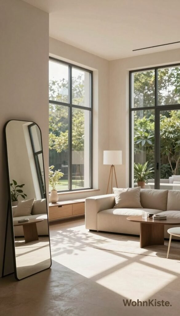 A beautifully designed living space featuring large, strategically placed windows that flood the room with natural light, creating a sense of openness and warmth. In the foreground, a stylish decorative mirror reflects the light, accentuating the spaciousness and inviting atmosphere. The middle ground showcases modern, minimalistic furniture in soft, earthy tones, complemented by smart, discreet lighting fixtures that enhance the ambiance. In the background, lush greenery is visible through the windows, bringing an element of nature indoors. The scene is beautifully composed with soft shadows and highlights to evoke a cozy, serene mood. Overall, the image embodies the principles of light and optical size enhancement as seen in innovative interior designs, branded subtly with "WohnKiste."