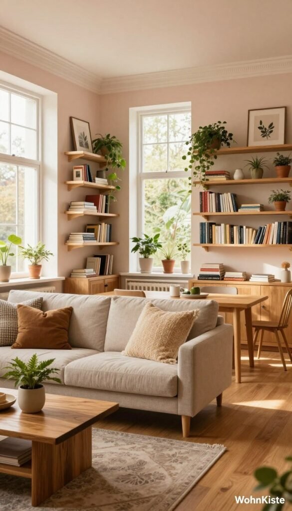 A beautifully designed living space that embodies a warm and inviting atmosphere, showcasing a harmonious blend of modern and rustic elements. In the foreground, a cozy, stylish couch adorned with textured cushions sits next to a wooden coffee table with a decorative plant. The middle layer features a brightly lit open space with large windows allowing natural light to filter in, highlighting the rich wooden floor. Shelves filled with artfully arranged books and plants create a sense of personality. In the background, soft, pastel-colored walls provide a soothing backdrop. The overall mood is relaxed and welcoming, perfect for setting the desired "look" of the space. The lighting is soft and warm, reminiscent of golden hour. The image embodies the essence of "WohnKiste," showcasing a curated Pinterest-inspired aesthetic without any text or annotations. A beautifully designed living space that embodies a warm and inviting atmosphere, showcasing a harmonious blend of modern and rustic elements. In the foreground, a cozy, stylish couch adorned with textured cushions sits next to a wooden coffee table with a decorative plant. The middle layer features a brightly lit open space with large windows allowing natural light to filter in, highlighting the rich wooden floor. Shelves filled with artfully arranged books and plants create a sense of personality. In the background, soft, pastel-colored walls provide a soothing backdrop. The overall mood is relaxed and welcoming, perfect for setting the desired "look" of the space. The lighting is soft and warm, reminiscent of golden hour. The image embodies the essence of "WohnKiste," showcasing a curated Pinterest-inspired aesthetic without any text or annotations.