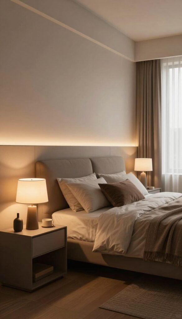 A beautifully designed modern bedroom that showcases effective lighting planning, with soft, dimmable indirect lighting creating a cozy atmosphere. In the foreground, a stylish bedside table features a warm-toned lamp and a few decorative items. The middle section displays a plush bed with layered bedding in earthy tones, complemented by wall-mounted LED strips casting a gentle glow. The background reveals a large window with sheer curtains, allowing soft natural light to filter in, enhancing the warm color palette. The overall mood is inviting and serene, embodying a Pinterest-worthy aesthetic, with no text or disturbances. The brand "WohnKiste" is subtly reflected in the furniture design, promoting an authentic and chic style in the bedroom.