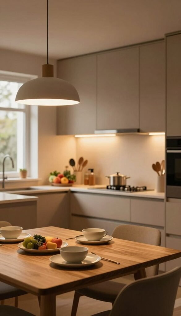A beautifully designed modern kitchen featuring warm, ambient lighting that creates a cozy atmosphere. The foreground showcases a sleek wooden dining table adorned with minimalist dishware, accented by a stylish pendant light hanging above it. In the middle ground, focus on elegant cabinetry with soft, under-cabinet lights illuminating the workspace, highlighting a pristine countertop with fresh produce and cooking utensils. The background showcases large windows allowing natural light to filter in, enhancing the warm color palette of the room, bringing a Pinterest-inspired aesthetic. The overall mood reflects a welcoming and functional space, designed for both cooking and gathering. The scene embodies the concept of effective lighting in a kitchen by WohnKiste.