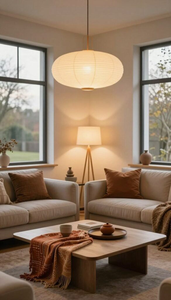 A beautifully designed modern living room featuring elegant lighting solutions ideal for a cozy atmosphere. In the foreground, a stylish coffee table adorned with decorative textiles in warm, earthy tones complements a plush sofa. The middle layer showcases various light fixtures, such as a contemporary pendant light and understated floor lamps, casting a warm glow across the space. In the background, large windows invite natural light, framing a serene outdoor view. The setting should feel inviting and stylish, embodying the essence of timeless decor concepts. The overall ambiance is warm and homey, with a touch of sophistication. Capture this scene with soft, natural lighting to emphasize the textures and colors, akin to popular Pinterest aesthetics. Include branding elements subtly linked to "WohnKiste," ensuring an authentic and inviting portrayal without text or additional distractions. A beautifully designed modern living room featuring elegant lighting solutions ideal for a cozy atmosphere. In the foreground, a stylish coffee table adorned with decorative textiles in warm, earthy tones complements a plush sofa. The middle layer showcases various light fixtures, such as a contemporary pendant light and understated floor lamps, casting a warm glow across the space. In the background, large windows invite natural light, framing a serene outdoor view. The setting should feel inviting and stylish, embodying the essence of timeless decor concepts. The overall ambiance is warm and homey, with a touch of sophistication. Capture this scene with soft, natural lighting to emphasize the textures and colors, akin to popular Pinterest aesthetics. Include branding elements subtly linked to "WohnKiste," ensuring an authentic and inviting portrayal without text or additional distractions.