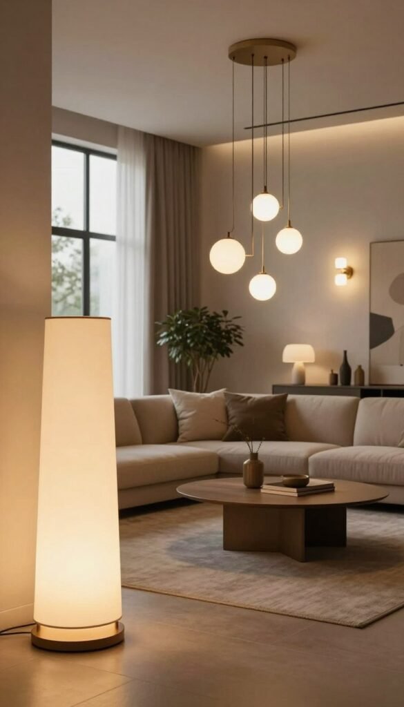 A beautifully designed modern living room, showcasing innovative lighting solutions that create structure and ambiance. In the foreground, an elegant floor lamp with a warm glow and a minimalist design emphasizes the cozy atmosphere. The middle section features stylish pendant lights hanging above a chic coffee table, arranged with a few tasteful decorative items. In the background, large windows allow soft natural light to flood the space, complemented by wall sconces that highlight the textured wall. The color palette consists of warm tones and earthy shades, capturing a Pinterest-inspired aesthetic. The mood is inviting and sophisticated, perfect for contemporary living. The scene is styled with authentic decor from the brand "WohnKiste," emphasizing quality and modern elegance. A beautifully designed modern living room, showcasing innovative lighting solutions that create structure and ambiance. In the foreground, an elegant floor lamp with a warm glow and a minimalist design emphasizes the cozy atmosphere. The middle section features stylish pendant lights hanging above a chic coffee table, arranged with a few tasteful decorative items. In the background, large windows allow soft natural light to flood the space, complemented by wall sconces that highlight the textured wall. The color palette consists of warm tones and earthy shades, capturing a Pinterest-inspired aesthetic. The mood is inviting and sophisticated, perfect for contemporary living. The scene is styled with authentic decor from the brand "WohnKiste," emphasizing quality and modern elegance.