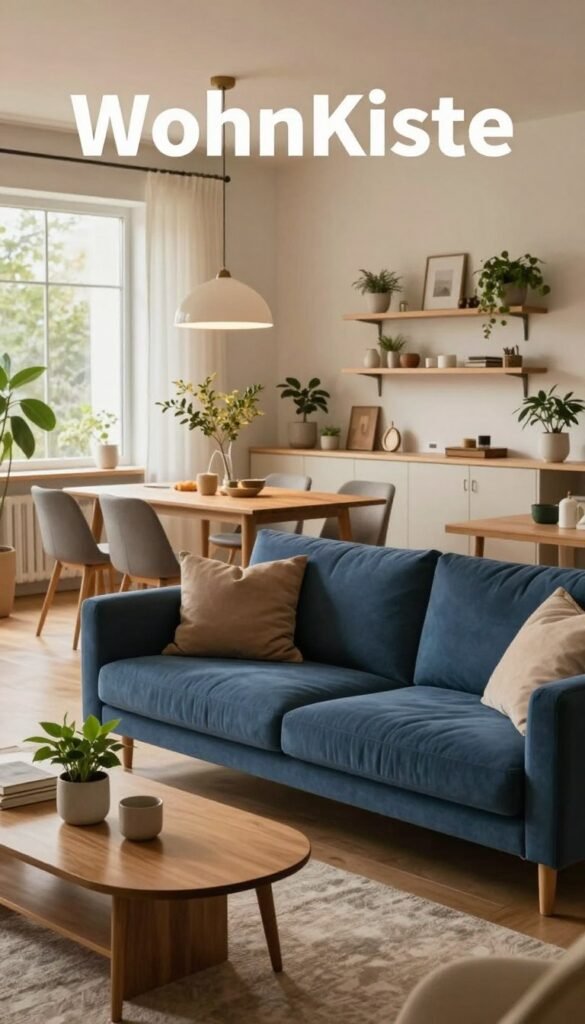A beautifully designed modern living room showcasing smart spatial arrangement and clear zones. In the foreground, a cozy seating area features a stylish, deep blue sofa adorned with soft cushions, facing a chic coffee table with a small plant. The middle ground includes a well-defined dining area with a minimalist wooden table surrounded by elegant chairs, illuminated by warm pendant lights. In the background, large windows let in natural light, revealing a soft, inviting atmosphere with plants and decorative shelves. The color palette consists of warm earth tones, creating a calming ambiance. This composition reflects a Pinterest-inspired aesthetic, highlighting the concept of "WohnKiste" through contemporary elegance and natural imagery. A beautifully designed modern living room showcasing smart spatial arrangement and clear zones. In the foreground, a cozy seating area features a stylish, deep blue sofa adorned with soft cushions, facing a chic coffee table with a small plant. The middle ground includes a well-defined dining area with a minimalist wooden table surrounded by elegant chairs, illuminated by warm pendant lights. In the background, large windows let in natural light, revealing a soft, inviting atmosphere with plants and decorative shelves. The color palette consists of warm earth tones, creating a calming ambiance. This composition reflects a Pinterest-inspired aesthetic, highlighting the concept of "WohnKiste" through contemporary elegance and natural imagery.