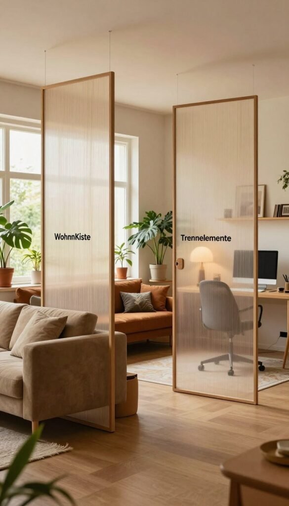 A beautifully designed modern living space featuring innovative flexible room dividers, called "Trennelemente," that define areas without the use of hard walls. In the foreground, showcase elegant, semi-transparent partitions with natural textures, allowing glimpses into a cozy reading nook and a vibrant work area. The middle ground includes comfortable furnishings in warm, earthy tones, harmonizing with green plants that bring life into the space. In the background, large windows let in soft, warm light, enhancing the inviting atmosphere. The overall composition should reflect a Pinterest-inspired aesthetic, emphasizing authenticity and a sense of community while highlighting the brand "WohnKiste". The image should be well-lit, capturing the essence of a harmonious and functional home environment. A beautifully designed modern living space featuring innovative flexible room dividers, called "Trennelemente," that define areas without the use of hard walls. In the foreground, showcase elegant, semi-transparent partitions with natural textures, allowing glimpses into a cozy reading nook and a vibrant work area. The middle ground includes comfortable furnishings in warm, earthy tones, harmonizing with green plants that bring life into the space. In the background, large windows let in soft, warm light, enhancing the inviting atmosphere. The overall composition should reflect a Pinterest-inspired aesthetic, emphasizing authenticity and a sense of community while highlighting the brand "WohnKiste". The image should be well-lit, capturing the essence of a harmonious and functional home environment.