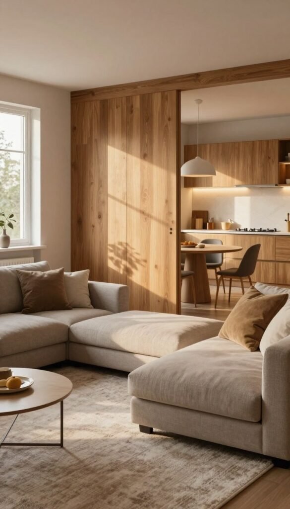 A beautifully designed open space showcasing the concept of "spatial zoning." In the foreground, a cozy living area with a stylish sectional sofa and a soft, textured area rug, all arranged to create an intimate seating zone. In the middle, a wooden divider elegantly separates the living area from a small dining space, with a modern round table and chic chairs. The background features a bright kitchen with warm lighting that contrasts softly against the natural wood tones of the furniture. The overall atmosphere is inviting and harmonious, with a Pinterest-worthy aesthetic. The scene captures natural light filtering through large windows, casting gentle shadows. The image should embody warmth and authenticity, free of any text or branding. The brand name "WohnKiste" subtly implied in design elements, like furniture style or color scheme. A beautifully designed open space showcasing the concept of "spatial zoning." In the foreground, a cozy living area with a stylish sectional sofa and a soft, textured area rug, all arranged to create an intimate seating zone. In the middle, a wooden divider elegantly separates the living area from a small dining space, with a modern round table and chic chairs. The background features a bright kitchen with warm lighting that contrasts softly against the natural wood tones of the furniture. The overall atmosphere is inviting and harmonious, with a Pinterest-worthy aesthetic. The scene captures natural light filtering through large windows, casting gentle shadows. The image should embody warmth and authenticity, free of any text or branding. The brand name "WohnKiste" subtly implied in design elements, like furniture style or color scheme.