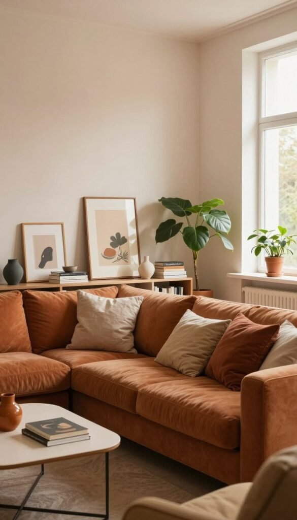 A beautifully designed room showcasing a harmonious blend of colors that exhibit strong spatial effects. In the foreground, a stylish lounge area featuring a comfortable sofa in warm, inviting hues, adorned with neatly arranged cushions, and a minimalist coffee table. The middle ground displays an artful arrangement of decor items, neatly organized books, and plants that introduce a touch of nature, emphasizing proportion and balance. In the background, a well-lit window allows soft, natural sunlight to flood the room, highlighting the warm color palette and creating an inviting atmosphere. The overall mood is one of tranquility and order, contrasting with cluttered spaces. The image embodies the aesthetic of Wohnkiste, reflecting simplicity, authenticity, and a Pinterest-inspired look, focusing on visual harmony without any text or distractions.