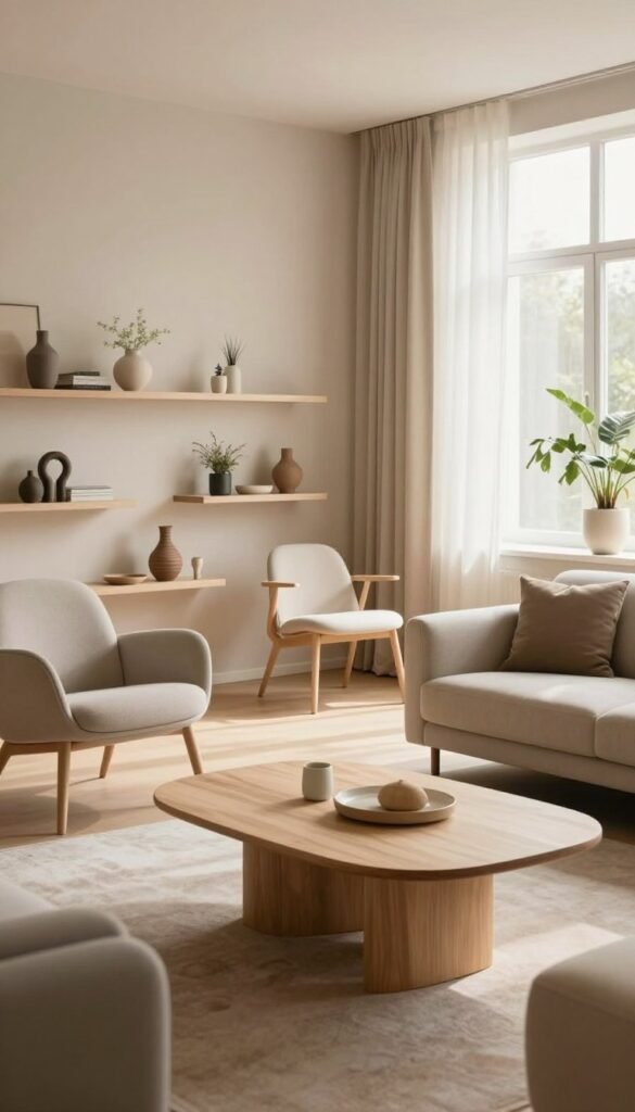 A beautifully designed room showcasing a selection of elegant, minimalist furniture from WohnKiste. The foreground features a delicate coffee table made of light wood with sleek lines, surrounded by airy, breathable chairs that appear to float in the space. In the middle ground, there are subtle, stylish shelves displaying decorative items and plants, all in a harmonious arrangement. The background reveals a softly lit window with sheer curtains allowing natural light to wash over the scene, casting warm, inviting shadows. The color palette consists of soft earth tones and pastel shades, creating a cozy yet spacious atmosphere. The overall mood is serene and functional, reflecting a modern living space that emphasizes openness and thoughtful design, perfect for illustrating the essence of furniture choice that enhances room perception.