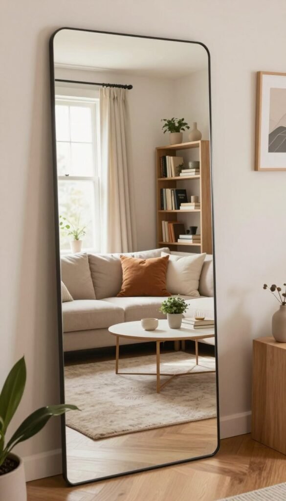 A beautifully designed small living space featuring clever mirror placement to enhance light and depth. In the foreground, a sleek, modern mirror reflects an open window, allowing natural light to flood the room. The middle ground includes a cozy couch adorned with soft, textured pillows, complemented by a stylish coffee table with small decorative plants. The background reveals a chic, minimalist bookshelf filled with books and decor, all bathed in warm, inviting colors that create a Pinterest-worthy atmosphere. The room's lighting is soft and ambient, creating a serene and welcoming mood. Capture this scene with a slight angle to add depth, ensuring a polished and professional aesthetic for WohnKiste, while maintaining authenticity and clarity.