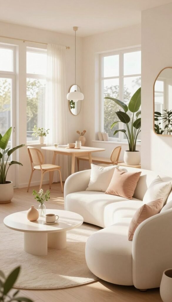 A beautifully designed small living space, showcasing light and airy aesthetics with a focus on bright and soft tones. In the foreground, a cozy seating area features a minimalist white couch adorned with pastel-colored cushions. The middle layer reveals an elegant coffee table with decorative objects and a few plants, blending seamlessly into a small dining nook highlighted by natural light flooding through large windows. The background displays light-colored walls adorned with mirrors, enhancing the sense of space. Soft, warm lighting casts gentle shadows, creating an inviting atmosphere. The overall scene should reflect a modern Pinterest-inspired look, emphasizing the theme of using light colors to make small spaces feel larger. Brand name "WohnKiste" subtly incorporated in the design elements, ensuring no text overlays appear in the image.